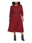 CALVIN KLEIN Womens Red Belted Unlined Plaid 3/4 Sleeve Midi Dress Plus 20W