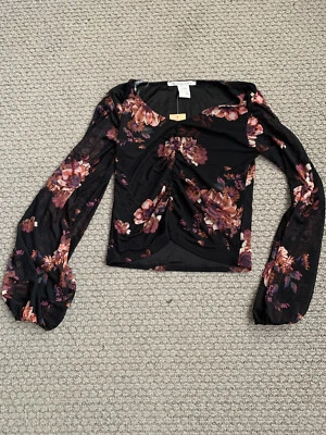 Junior's Fitted Black Floral Mesh Blouse Balloon Sleeve Size XSmall  - Image 1 of 3