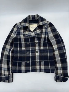 Abercrombie & Fitch Navy Blue Plaid Double Breasted Wool Coat Jacket Medium EUC - Picture 1 of 11