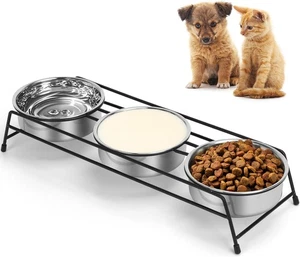 Raised Cat Bowls Triple Dog Cat Feeder Holders 3 Stainless Steel Elevated Pet... - Picture 1 of 5