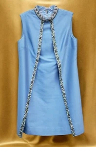 Vintage Blue 1960s Dress Raw Silk Size 10 Light Blue Sequin Pearl Trim Mock Vest - Picture 1 of 9