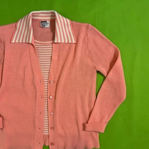 M 60s Montgomery Ward Acryl Knit Cardigan Top Pink Striped Collar Double Shirt - Bild 1 von 6