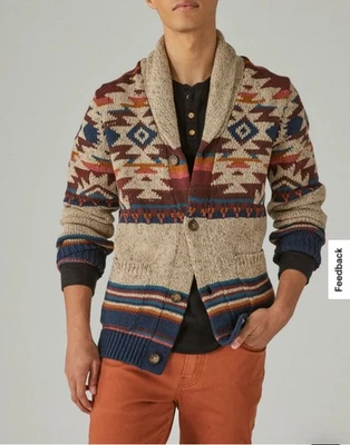Lucky Brand Mens-M Heavy Shawl Cardigan Aztec Southwest Sweater Knit Beige - Image 1 of 4