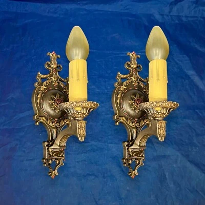 一对精美古董多色饰面壁灯 13C — 第 1/4 张图片