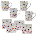 Set Of 4 Bees Flowers Mugs & 4 Coasters Tea Party Drinking Cups Table Dining Mat