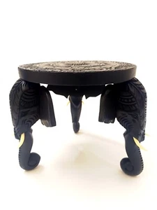 14 Inches Mahogany Circular Stool With Three Elephant Head Legs - Picture 1 of 8