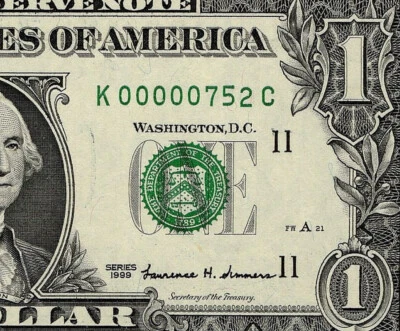 1999 $1 Federal Reserve Note Low 3 digit Serial Number Dallas K00000752C PMG65 - Image 1 of 4