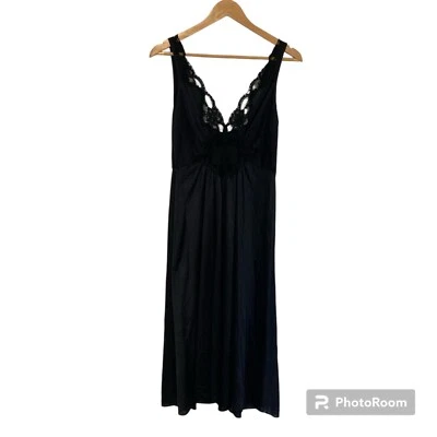 Vintage Adonna Size M Black Lace Slip Dress Night Gown Midi Length WhimsiGoth - Image 1 of 4