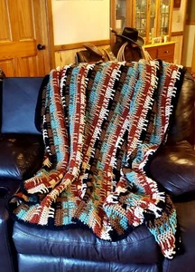 WESTERN RUSTIC HAND CROCHET ICICLE BLACK RUST TAN TURQUOISE AFGHAN THROW 65×70 L - Picture 1 of 5