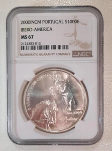 2000-INCM PORTUGAL SILVER  1000 ESCUDOS IBERO-AMERICA -NGC MS 67 -FINEST GRADE - Picture 1 of 2