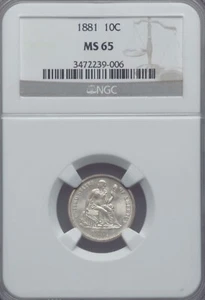 1881 NGC MS65 Mintage 24,001 - Lowest From 1880 to Today ██ Key Date Seated Dime - Picture 1 of 5
