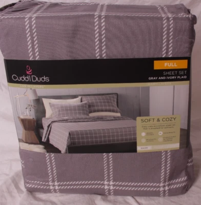 CuddlDuds Juego de Sábanas Suave y Acogedor - Completo - Gris y Marfil a Cuadros - Invierno Foto 1 de 2