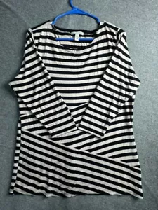 Dana Buchman Womens Blouse Top Black White Stripe Stretchy Long Sleeve Pullover - Picture 1 of 13