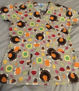 Women’s SB Scrubs Thanksgiving Print Cinched Back V-Neck Scrub Top Size XS - Picture 1 of 5