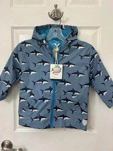 Hatley Hooded Rain Jacket Boys Size 4 NWT Sharks Blue Waterproof Pockets UNISEX - Picture 1 of 13