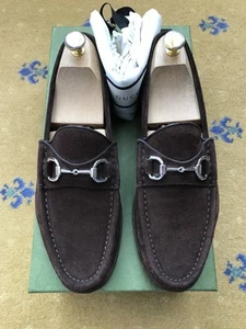 Gucci Loafers Shoes Suede Brown Silver Horsebit Buckle Mens UK 8 US 9 EU 42 - Picture 1 of 12
