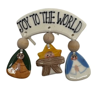 1990 Hand Painted Joy To The World Christmas Nativity Ceramic Brooch Pin Holiday - Image 1 of 4