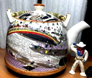 Porzellan chinesische Teekanne mit Bambus Strohhalm Griff ~ lustig bunt ~ Zhenjing Caide - Bild 1 von 9