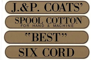 J & P COATS SPOOL CABINET DECAL 4 PIECE SET / Black on Gold  9 1/2 X 1 11/16 - Picture 1 of 1