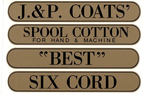 J & P COATS SPOOL CABINET DECAL 4 PIECE SET / Black on Gold  10 1/4 X 1 5/8 Cover