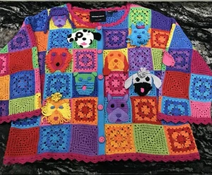 Michael Simon Patchwork Dogs Crochet Cardigan Sweater - Women’s XL EUC - Picture 1 of 12