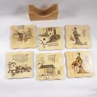 Vintage 6 Piece Chinese Wood Burning Paintings Bamboo Coasters Cup Holder Set
