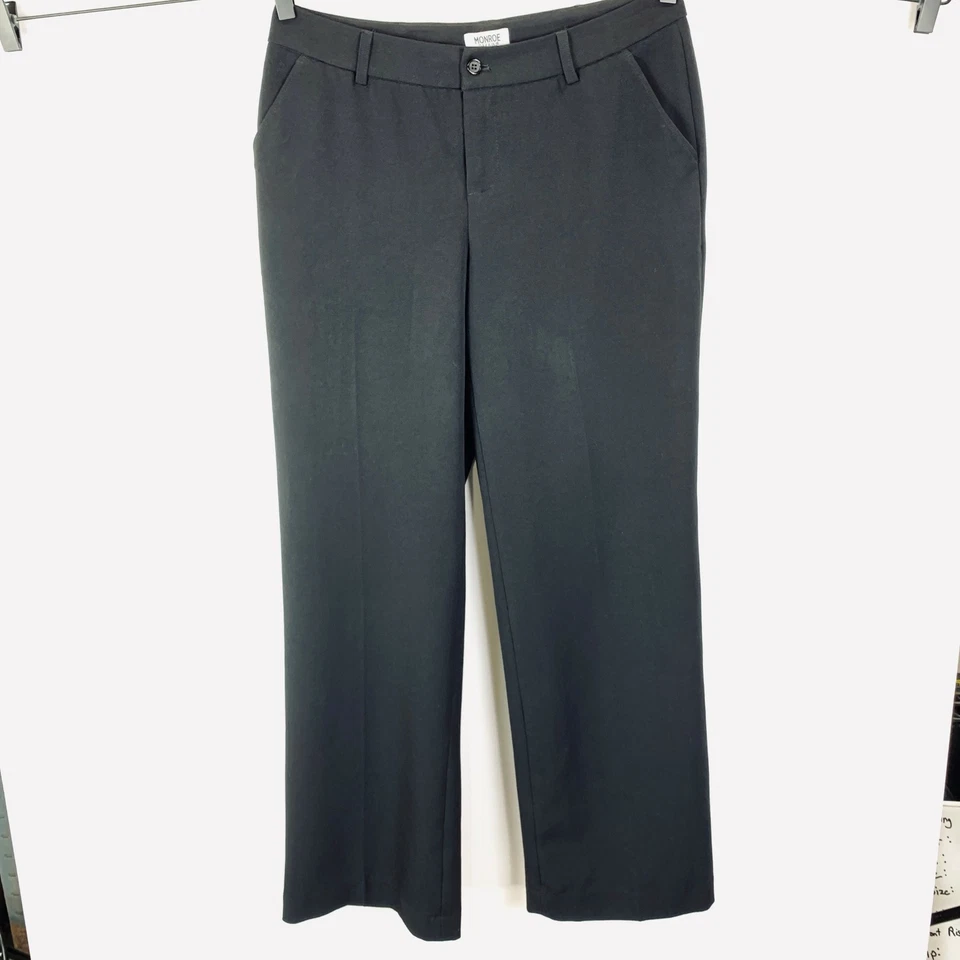Pantalón de vestir Monroe & Main negro recto frente plano solapa bolsillo elástico para mujer 6 Foto 1 de 4