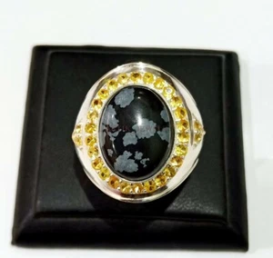 Natural Snowflake Obsidian & Citrine Gemstone with 925 Sterling Silver Ring 1364 - Picture 1 of 8