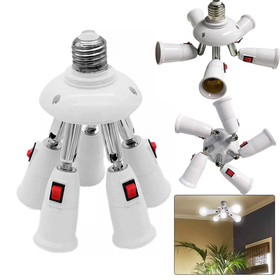 LED Bulb Holder 5 in 1 E27 Base Socket Splitter LED Light Socket Adapter Holder - Image 1 of 4