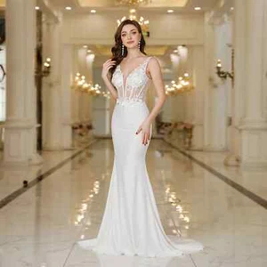 Elegant Straps White Mermaid Wedding Dresses Lace Pearls Backless V Neck Gowns - Picture 1 of 22