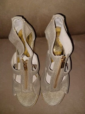 MICHAEL KORS Damita Espadrille Wedges Shoes Women Sz 7.5 Gold Zipper Heels - Image 1 of 4