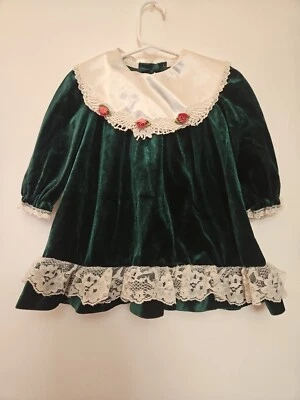 VTG Girls Little Precious Dress Green W Lace, Velvety, 2T Rose Holiday Occasion  - Image 1 of 4