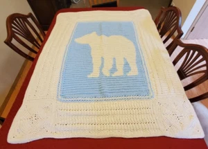 51" x 41" Hand Crocheted Afghan Throw Blanket Blue and Cream - Polar Bear - Picture 1 of 8