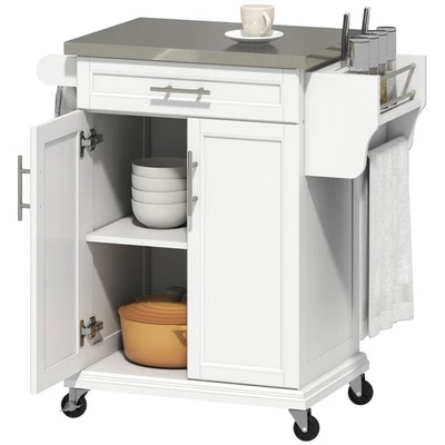 HOMCOM Rolling Kitchen Cart Storage Trolley with Drawer Towel Rail Steel White - Image 1 of 4