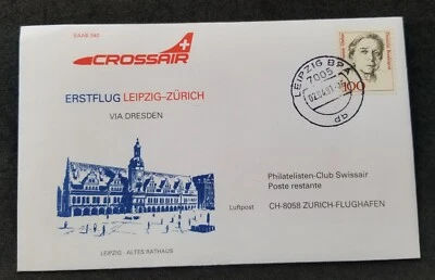 *FREE SHIP Germany Switzerland First Flight Leipzig - Zurich 1991 Cover (FDC) - Image 1 of 4