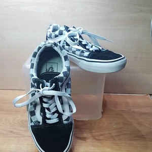 Vans Black Check Low Top Canvas Shoes Size 4 Suede Toe Used Condition - Picture 1 of 14