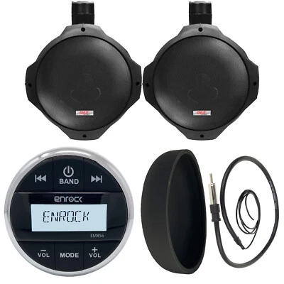 8" Marine Wakeboard Speakers, Enrock Bluetooth Round AMFM Radio, Antenna, Cover - Image 1 of 4