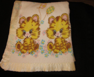 1970s Nursery Blanket "Tiger Cat Baby Blanket Satin Trim "40" x 35.5" Vintage
