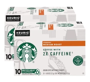 2 Boxes - Starbucks 2X Caffeine Med Roast K Cup Pods Coffee 4.3oz Toffee/Cocoa - Picture 1 of 9