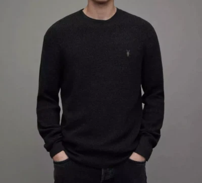 Allsaints Men's Black Stein Open Weave Crew Neck Ramskull Sweater Sz M - Image 1 of 4