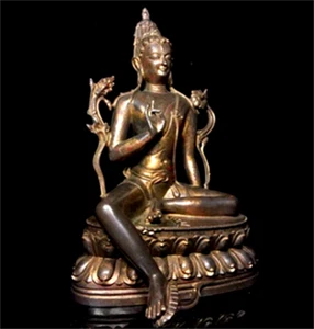 Antique India Old Bronze Bodhisattva Green Tara Kwan-yin blessed Buddha Statue - Picture 1 of 5