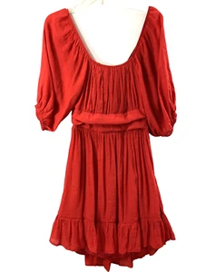 Womens Boho Dress Size Medium Red Flowy Ruffle Open Tie Back Balloon Sleeves - Picture 1 of 10