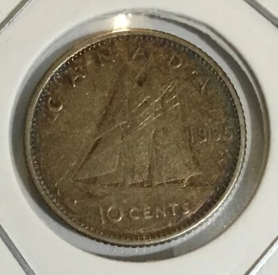 1965 Ten Cent Silver Canadian Dime Nicely ￼Toned Queen Elizabeth II VF Vintage - Image 1 of 4