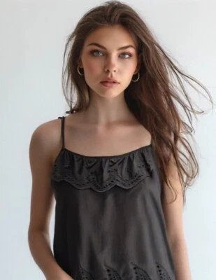 Juicy Couture Tank Cotton Eyelet Lace Sleeveless Ruffle Black Size X-Small 0 - Image 1 of 4