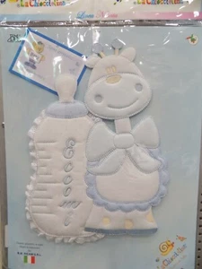 FIOCCO NASCITA COCCARDA FUORI PORTA "ECCOMI" GIRAFFA CON BIBERON AZZURRO BIMBO - Picture 1 of 1