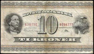 Danemark - billet de 10 kroner H.C. Andersen 1957 signatures SN RR ! P#44l - Foto 1 di 2
