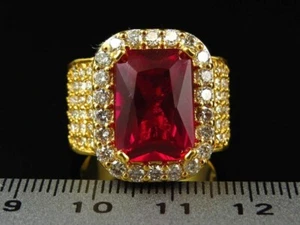 5Ct Emerald Cut Lab Created Red Ruby Men's Engagement Ring 14k Yellow Gold Plate - Picture 1 of 4