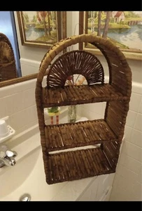 Vintage Bamboo Tiki 3-Tier Wall Shelf Folds Flat Tall - Picture 1 of 5