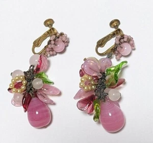 MIRIAM HASKELL Earrings Gripoix Pink Floral Glass Cabochon Rhinestone Seed Bead - Picture 1 of 2