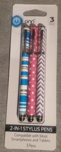 Onn 2 in 1 Stylus with Ballpoint Pen Blue Stripe Pink Dot Purple Zig Zag 3 Pack - Picture 1 of 2